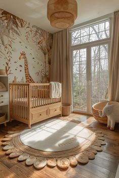 a baby's room with a giraffe wallpaper and wooden flooring