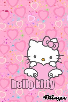 a hello kitty wallpaper with hearts and the word hello kitty on it's side