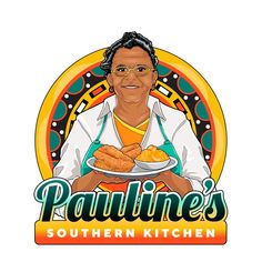 a woman holding a plate of food with the words paulines southern kitchen on it