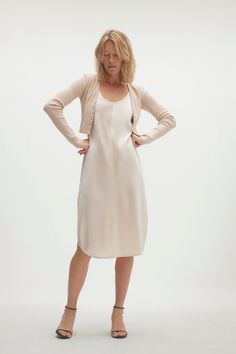 Women's Lyla Silk Sleeveless Midi Dress Chic Shirts, Cashmere Wrap, Extra Long Sleeves, Cozy Cardigan, Chunky Knit Cardigan, Silk Midi Dress, Silk Charmeuse, Lightweight Cardigan, Champagne Color