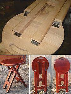 three pictures of different wooden stools and tables