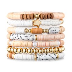 PRICES MAY VARY. Brown Stackable Bracelets: This brown surfer heishi clay bead bracelets set includes 7 unique bracelets, featuring 6 distinct compositions of gold-plated beads, polymer clay beads in brown and light pink. And an additional bracelet composed of gold-plated round beads. The dominant brown hue grounds the collection in a sense of natural beauty and style. Great Material: Our friendship bracelets are crafted with precision and style in mind, which a testament to the artistry of bead Cheap Heishi Beads For Jewelry Making, Boho Bracelet Kids, Clay Bracelets Teacher, Heishi Bracelet Pricing, Teacher Disc Bracelet, Heishi Bracelet Measurements, Bracelet Bead Colours, Preppy Clay Bead Bracelets Star, Polymer Clay Bead Bracelet Fire Mountain Gems And Beads