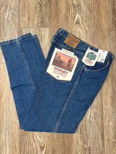 Men's Blue Jeans 100% Cotton NWT.  All Wrangler items have been in storage for 20+ years. Western Style Denim Blue Jeans With Pockets, Western Denim Blue Jeans With Pockets, Western Style Jeans With Pockets In Denim Blue, Western Denim Jeans With Pockets, Western Denim Jeans, Jeans Label, Vintage Wrangler Jeans, Vintage Wrangler, Wrangler Jeans