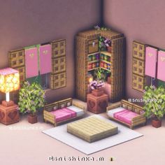 the room is decorated in pink and brown colors with lots of potted plants on it