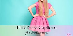 a woman with long blonde hair standing in front of a blue background and wearing pink dress captioned for instagram