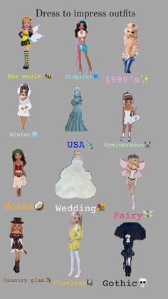 many different types of barbie dolls are shown in this graphic style, with the names and colors