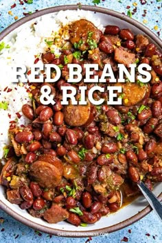 red beans and rice in a bowl with the words red beans and rice above it