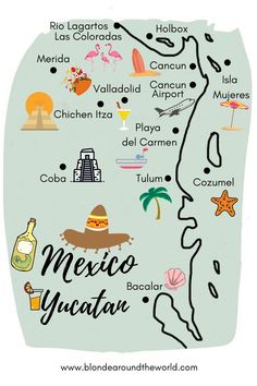 an illustrated map of mexico with all the major attractions