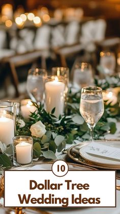 Elegant Dollar Tree wedding table setup with gold chargers, glassware, greenery, white roses, and candles, creating a sophisticated and budget-friendly look. Tree For Wedding Ceremony, Grooms Table Decorations, Diy Banquet Decorations, Spring Backyard Wedding Ideas, Cheap Rustic Wedding Decor, Remember Table At Wedding, Artificial Wedding Centerpieces, Wedding Tables Candles Only, Wedding Reception Place Setting Ideas