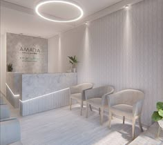 the interior of a modern salon with white chairs and marble counter tops, along with plants