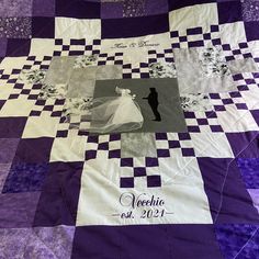 the wedding quilt has been made to look like it is in purple and white checkerboard