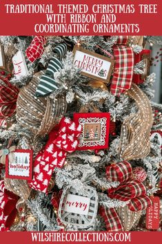 a christmas tree decorated with red and white ribbons, bows, and other holiday decorations