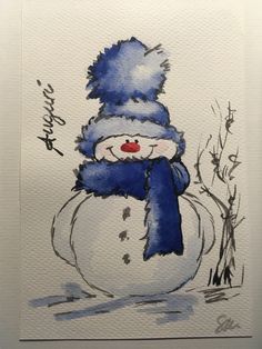 a watercolor painting of a snowman wearing a blue hat and scarf