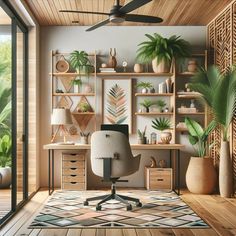 a home office with plants on shelves and a desk in the middle, surrounded by wooden flooring