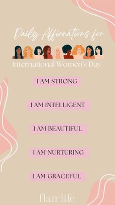 a pink and white poster with the words international women's day written on it