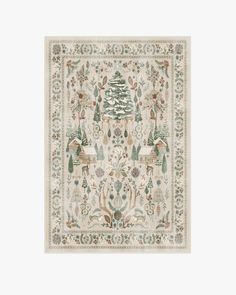 a white and green rug with trees on it