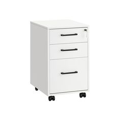 a white filing cabinet with three drawers on casteors and black handles, against a white background