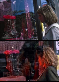 two pictures of a woman looking in a store window