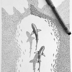 two dolphins are swimming in the water with an ink pen next to it on a piece of paper