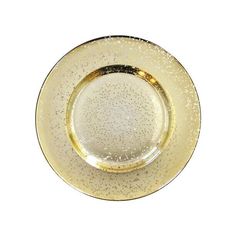 a white and gold plate with speckles on the rim, against a white background