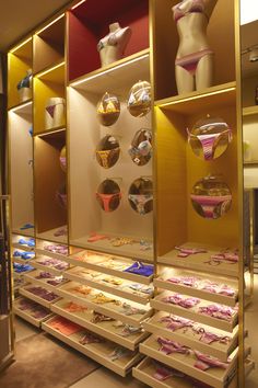 a display case filled with lots of different types of bikinis and panties on shelves