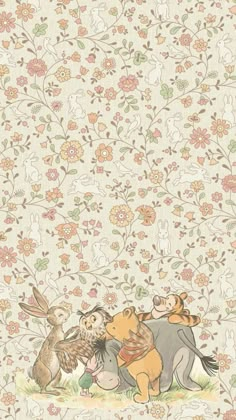 winnie the pooh and friends wallpaper with flowers on it's border,