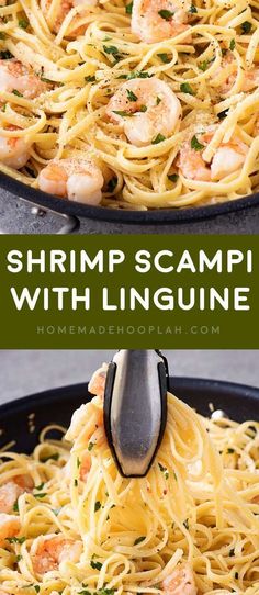 shrimp scampi with linguine in a skillet and on a plate