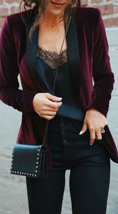 Style Night Out, Andee Layne, Black Lace Cami, Neue Outfits, Rock Punk, Meryl Streep, Velvet Blazer, Lace Cami, Angelina Jolie