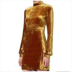 A.L.C.'S Golden Velvet Dress Defines This Season's Luxe Textural Trend. Snap Button Closures At Long Sleeves. Empire Waistline. Zip Closure At Back. Lined. In Gold. Style Number: 60310sv Fabric: 87% Viscose/13% Silk Lining: 100% Polyester Worn Twice, Excellent Condition. Long Sleeve Gold Dress, Gold Long Sleeve Dress, Toni Stark, Gold Velvet, Be Back Soon, Pretty Style, Veronica Beard, Gold Dress, Gold Fashion