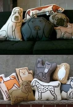 four pillows with dogs on them are sitting on a couch in front of a brick wall