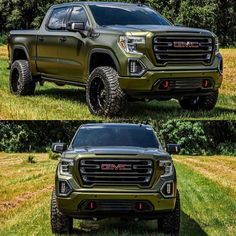 the front and rear views of a green gmc sierra truck in two different angles