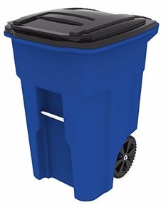 a blue plastic trash can with wheels