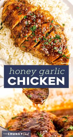 honey garlic chicken on a plate with rice and garnish