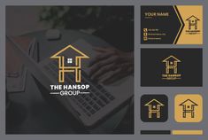 business card design for the hanging group with house and person working on laptop in background