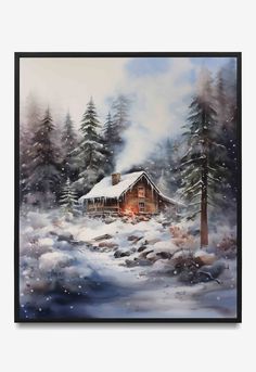 a painting of a cabin in the snow