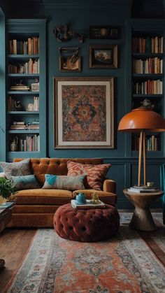 a living room filled with furniture and bookshelves