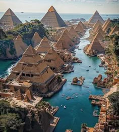 an aerial view of the pyramids in egypt, with boats floating on the water