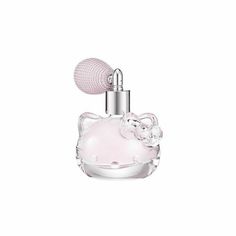 a pink perfume bottle with an animal on the top and a ball attached to it