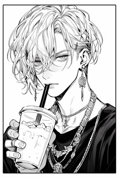 an anime character holding a drink in his hand