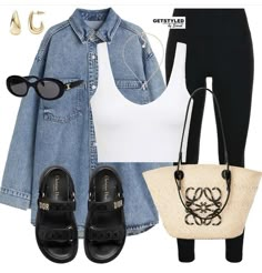 Cropped Denim Top Outfit, Summer In London Aesthetic Outfits, Airport Outfit Summer 2024, Comfy Work Outfit Summer, Summer Outfits With Leggings, Fashion Style Inspiration, Oversized Denim Shirt, Trendy Fashion Outfits, Causual Outfits