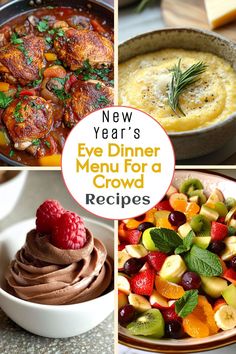 This image features a delightful **New Year’s Eve dinner menu for a crowd**, including dishes like hearty chicken cacciatore, creamy polenta, a colorful fruit salad, and a rich chocolate mousse dessert. It's perfect for inspiring **New Year’s Eve dinner party recipes** that balance elegance and comfort.