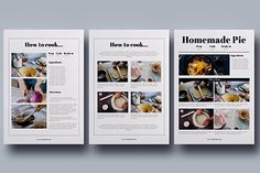 three brochures with images of food being cooked on the stove and in bowls