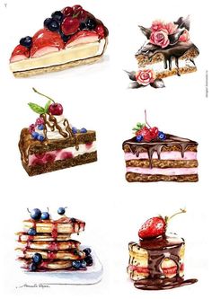 six different types of desserts are shown in this drawing