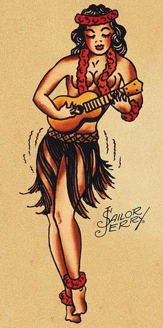 a drawing of a woman with a guitar in her hand and wearing a hula skirt