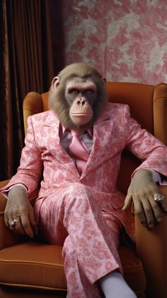 a monkey in a pink suit and tie sitting on a chair with his legs crossed