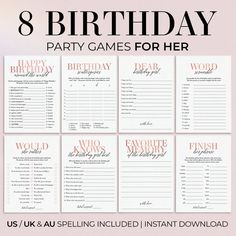 the 8 birthday party games for her are in pink and white with gold foil lettering