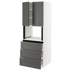 a white and grey cabinet with drawers on the bottom, one door open to reveal an empty shelf