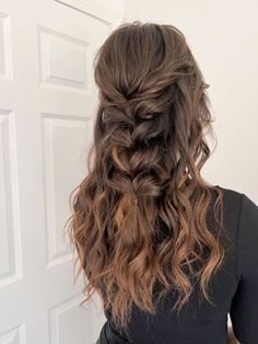 Brown Hair Styles For Prom, Messy Braid Prom Hair, Hairstyles For Prom Brunette, Grad Hairstyles Down, Prom Hairstyles Ponytail Brown Hair, Half Up And Down Prom Hair, Prom Hair For Wavy Hair, Prom Hair Waterfall Braid, Prom Hairdos Down