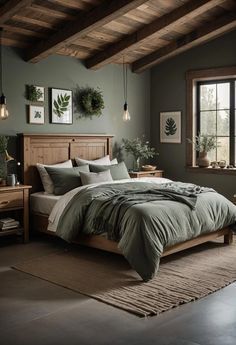 a bedroom with green walls and wooden beams