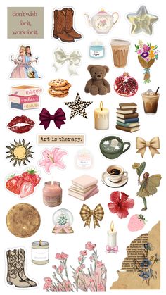 an assortment of stickers that include flowers, books, and other things in them